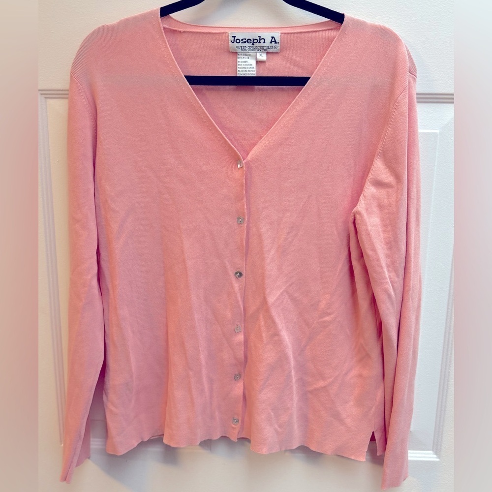 VTG JOSEPH A Pink Button Up Cardigan Abalone Shell Buttons Preppy Chic Girly XL